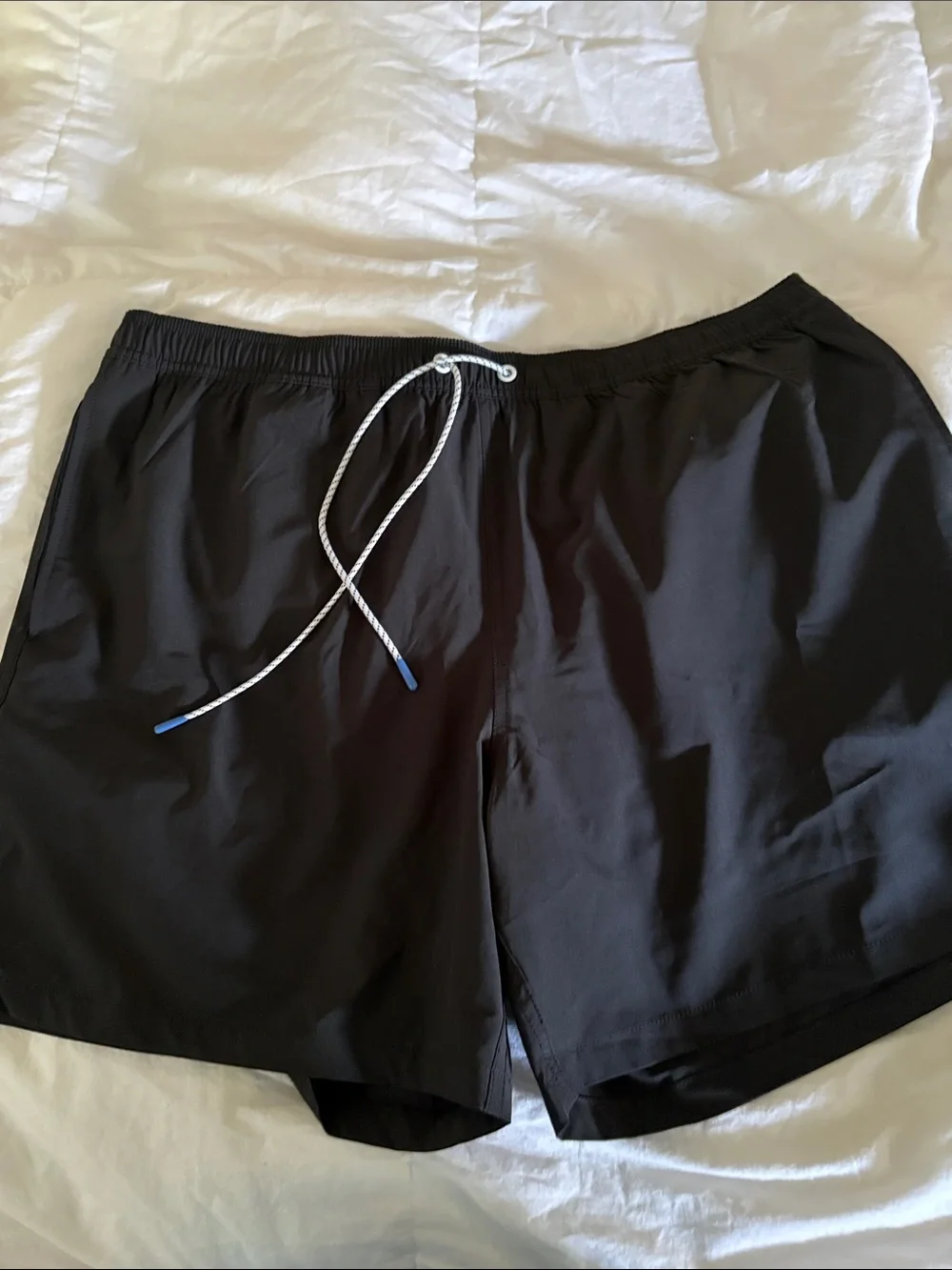 Bonobos men’s  Black Swim Trunks with White Drawstring and Blue Tips